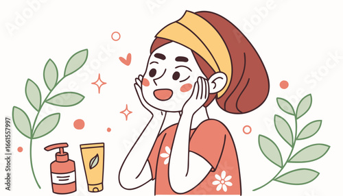 Skin care concept. Young girl puts mask on her face, health care, beauty and hygiene. Woman with beauty products, SPA treatments, moisturizing gel, hygienic procedure. Cartoon flat vector illustration