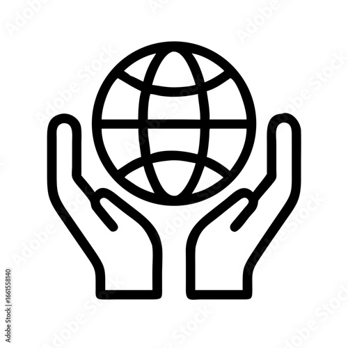 A simple line art depiction of two hands holding a globe with grid lines in a minimalist style design
