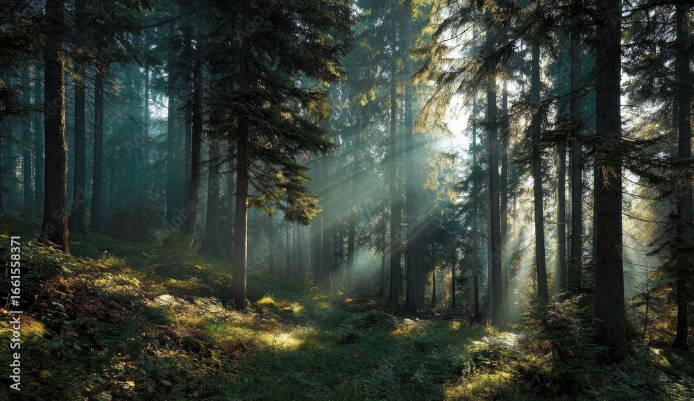 Fototapeta premium Sunlight streams through a dense forest. Sunlight penetrates a misty, dark woodland. Sunlight illuminates the forest floor, dappled shadows