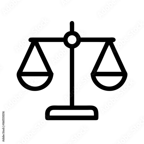 Illustration of a balanced scales of justice with two pans and a central stand in black outline style