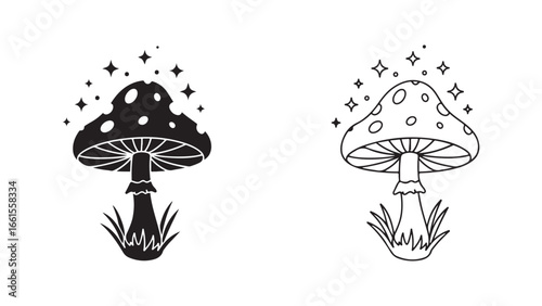 Mushroom with sparkles and grass, outline and solid style