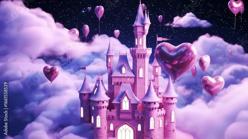 Dreamy pink fairytale castle floating among soft purple clouds with numerous heart-shaped balloons against a starry night sky, evoking romance and magic.