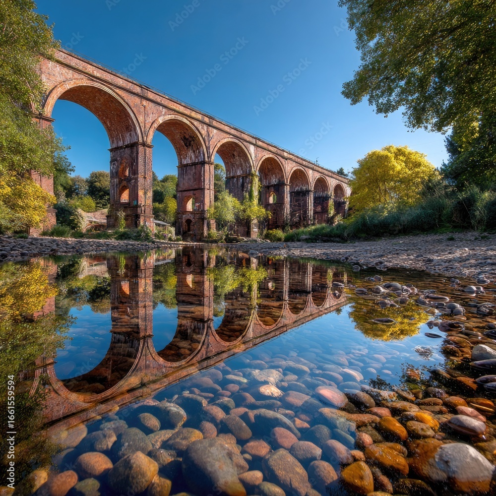 Obraz premium Rustic stone bridge reflected in clear shallows