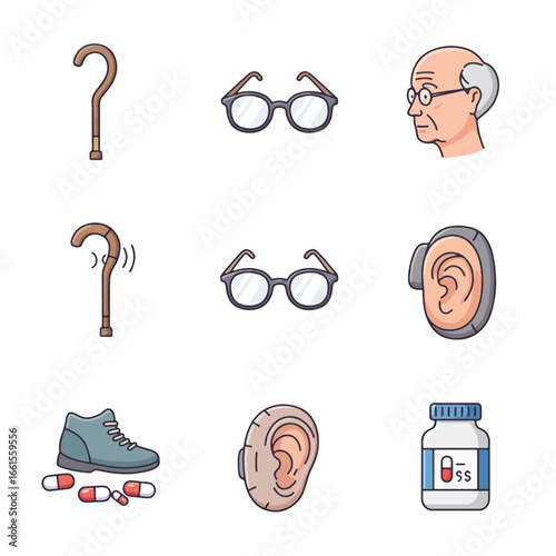 Illustration depicting items related to aging: cane, glasses, hearing aid, medicine, and elderly person.