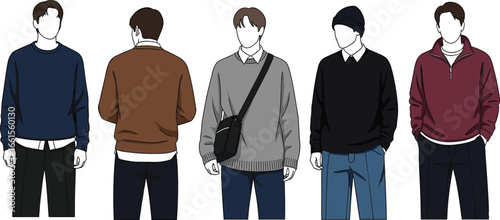 Casual outfit illustration vector set showing modern streetwear styles with sweaters, jeans, crossbody bag, beanie for fashion themes