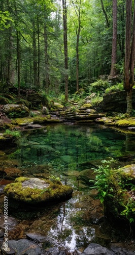 Tranquil forest spring, reflecting trees and rocks