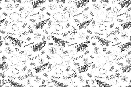 Coloring page of seamless pattern with grid paper planes, equations, hearts, school supplies. Paper airplane made from graph paper. Entertaining kids activity, back to school black and white design.