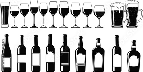Drinkware and bottle illustration vector set showing wine glasses, beer mugs, and labeled bottles for beverage, bar, and packaging themes