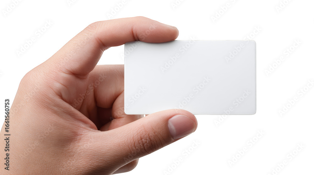 Obraz premium A person's hand delicately holding a clean blank white business card with ample copy space presenting a versatile template for professional contact information and corporate branding.