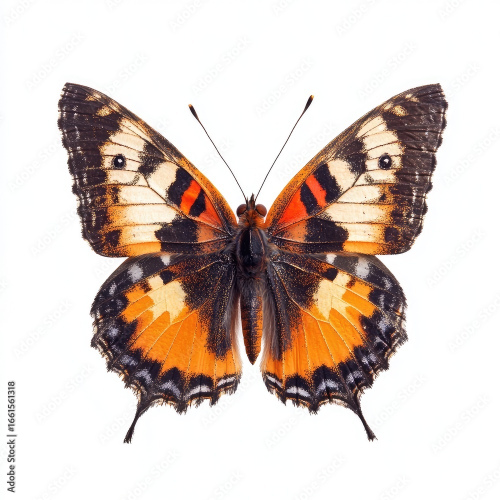 Fototapeta premium Close-up of a colorful butterfly with orange, brown, and white wings