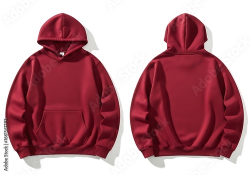 Maroon hoodie isolated on white background front and back