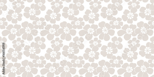 Vector floral seamless pattern. Subtle white and beige background texture with cute bold flowers. Retro vintage inspired design. Trendy abstract summer pattern. Funky repeat design for print, decor