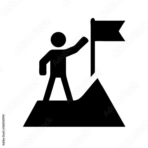 A stick figure on a mountain with a flag planted at the top symbolizing achievement and success icon