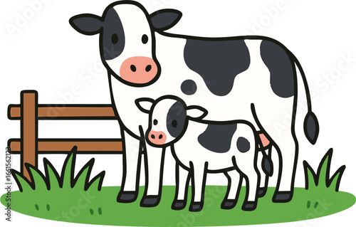 Flat vector illustration of a cow with calf standing on green grass near wooden fence, symbolizing dairy farming, livestock, rural countryside, agriculture, and domestic animals.
