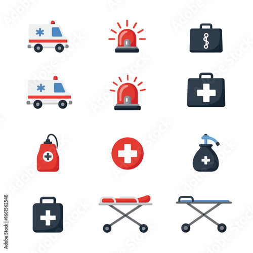 A collection of medical icons featuring ambulances, sirens, first aid kits, sanitizer, and stretchers on a white background.
