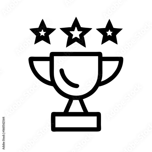 Illustration of a trophy with three stars above it in a simple black outline design style graphic art