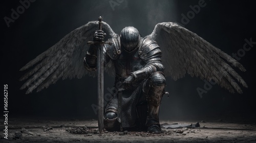 Angelic knight kneeling with sword and wings in dramatic lighting on dark background.