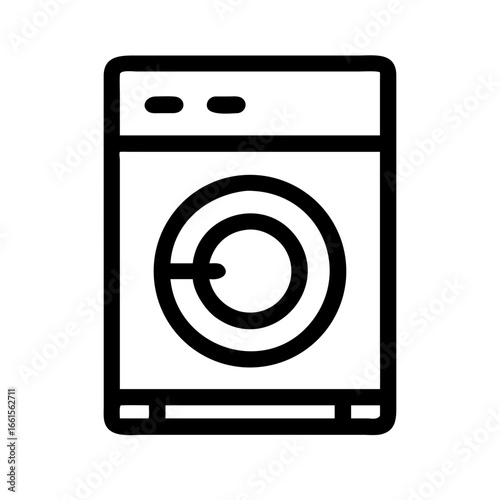Illustration of a front loading washing machine with a circular door and control panel outline style