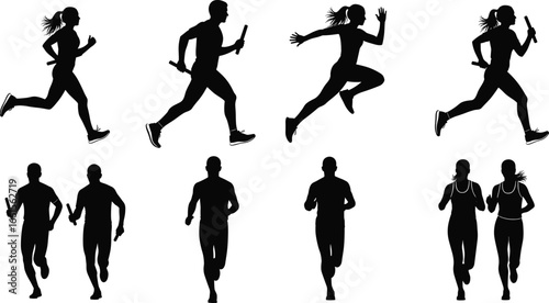 Runner silhouette vector set showing relay and solo running poses, athletic movement for sports, fitness, competition, and motion themes