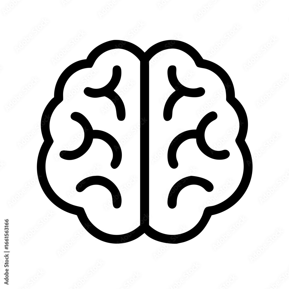 A simplified representation of a human brain with visible lobes and a clear central division shown in black A simplified representation of a human brain with visible lobes and a clear central division shown in black