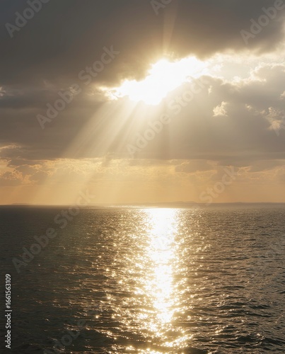 Majestic Sunset over Calm Ocean Golden Hour Rays and Serene Cloudscape view ai generated
