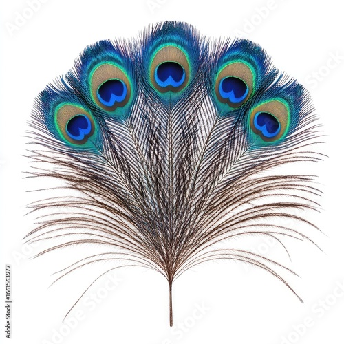 Peacock feather fan, vibrant blue and green eye spots, brown shafts