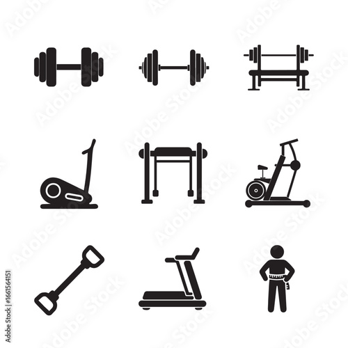 Gym Equipment and Fitness Tracking Silhouette Vector Icon Set.