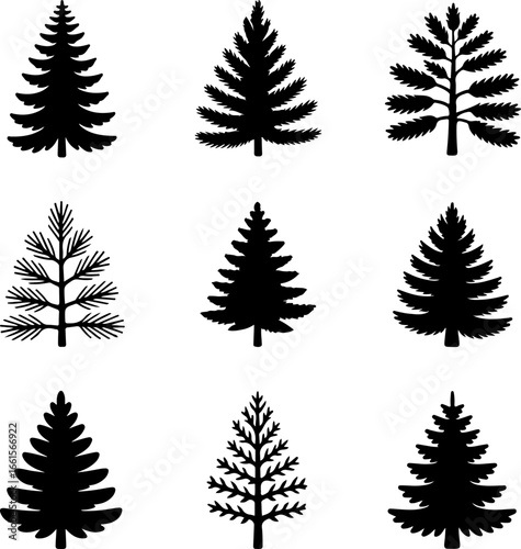 A grid of nine black silhouette illustrations of pine or fir trees