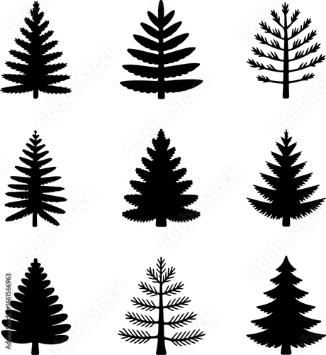 A grid of nine black silhouette illustrations of pine or fir trees