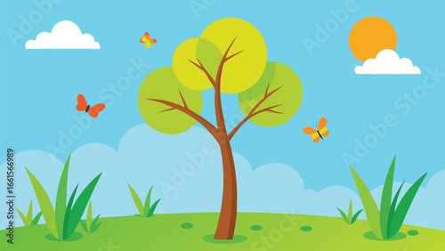 Vibrant sunny meadow with butterflies fluttering around a green tree illustration