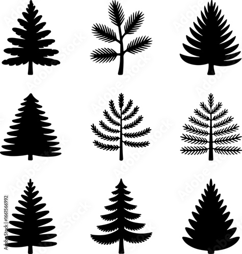 A grid of nine black silhouette illustrations of pine or fir trees