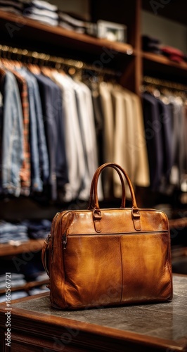 Brown leather travel bag on display in men's clothing store