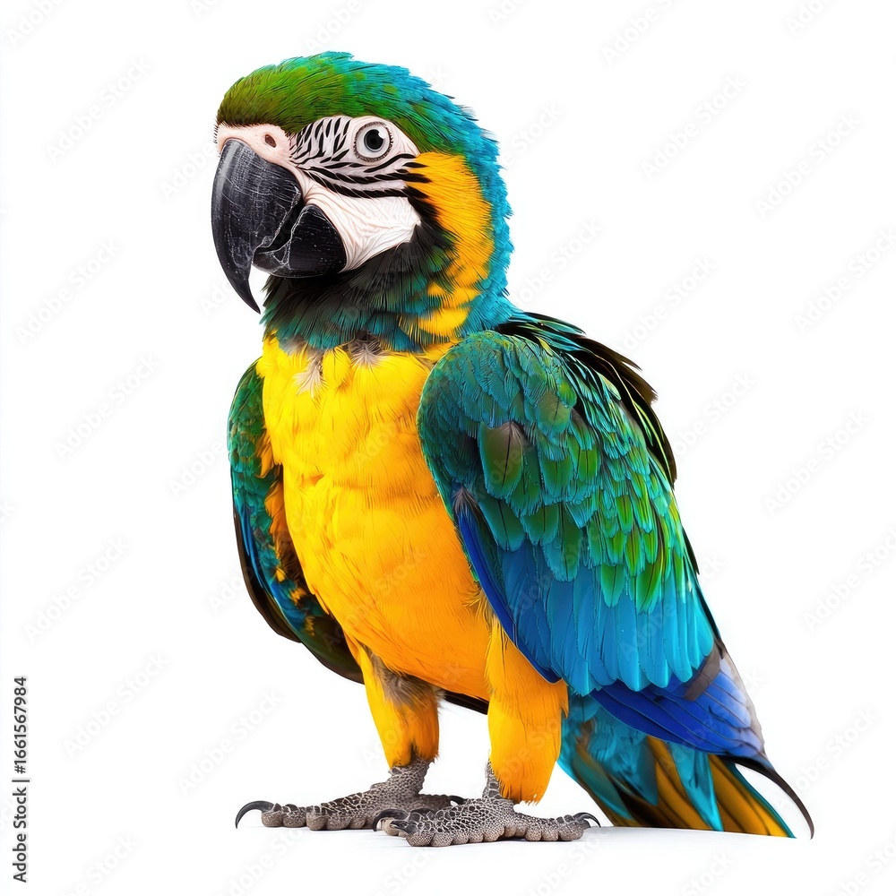Fototapeta premium Vibrant parrot, profile view, bright colors against white