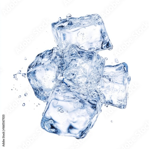 Close-up of several ice cubes submerged in water, showing droplets and a clear, cool aesthetic
