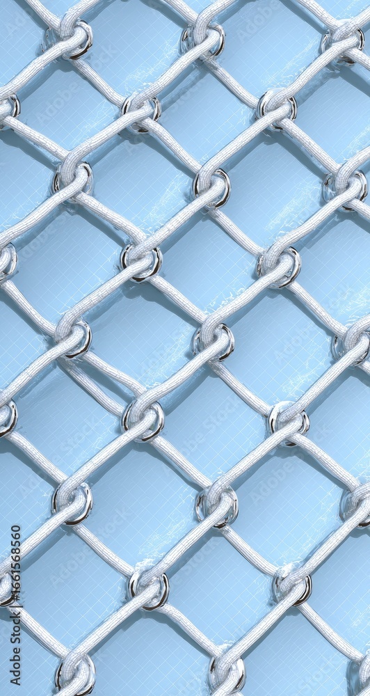 Naklejka premium Close-up of a light-blue,?geometric chain-link fence.?White?cables?form a grid pattern,?intersecting at?silver metal?rings