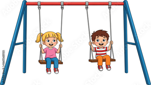 Cartoon children sitting on swings, playground scene with swing set, happy kids playing outdoors, childhood recreation and education theme vector illustration
