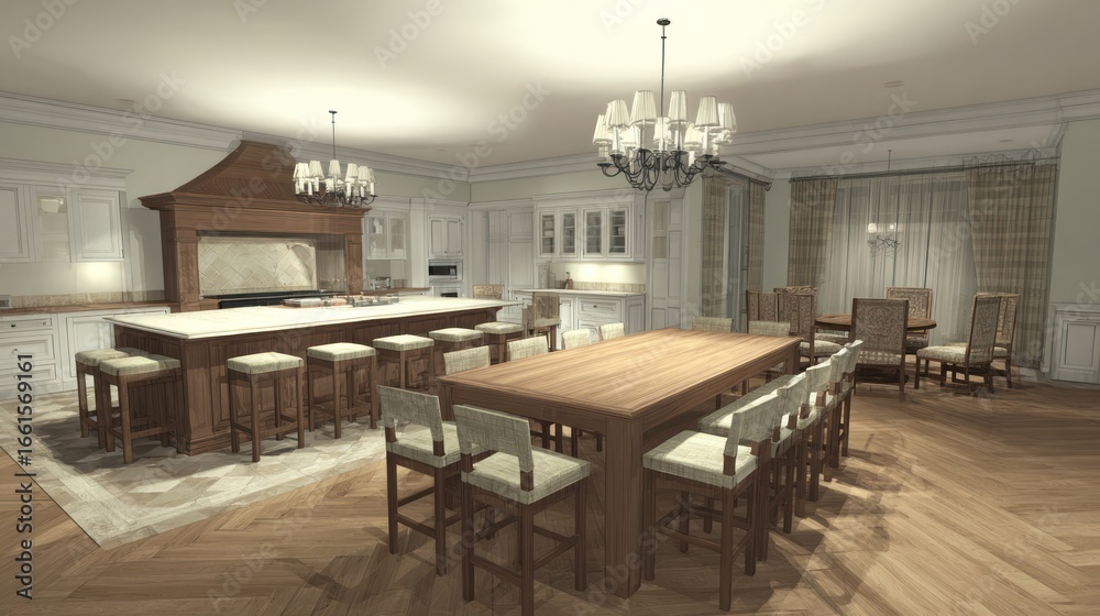 Fototapeta premium A spacious, well-lit interior showcases a modern kitchen and dining area with seating for many