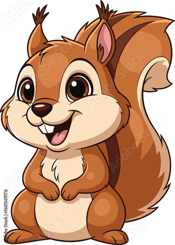 Cartoon squirrel standing upright, bushy tail, cute woodland animal character, brown fur with lighter chest, friendly forest wildlife scene, vector illustration design