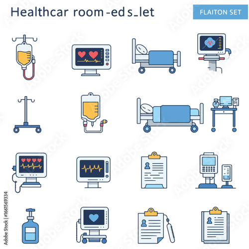 Healthcare room icons:  medical equipment, patient bed, monitors, and medical records.