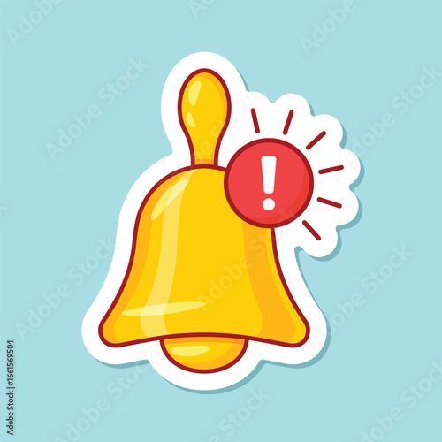 Notification bell sticker icon in flat style. Incoming inbox message vector illustration on isolated background. Ringing bell sign business concept.