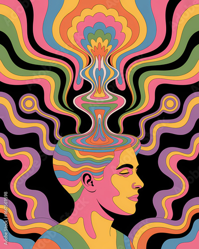 A Retro Psychedelic Illustration of a Person in a Creative Flow State, with Abstract Hair