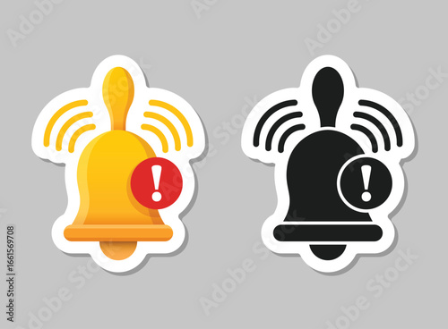Notification bell sticker icon in flat style. Incoming inbox message vector illustration on isolated background. Ringing bell sign business concept.