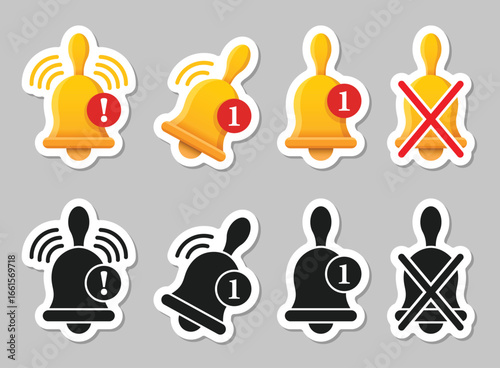 Notification bell sticker icon set in flat style. Incoming inbox message vector illustration on isolated background. Ringing bell sign business concept.