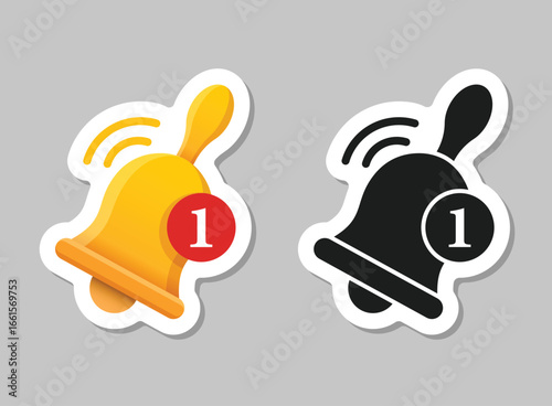 Notification bell sticker icon in flat style. Incoming inbox message vector illustration on isolated background. Ringing bell sign business concept.