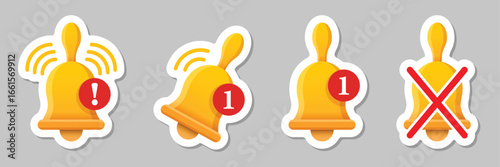 Notification bell sticker icon set in flat style. Incoming inbox message vector illustration on isolated background. Ringing bell sign business concept.