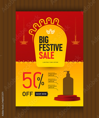 Durga Puja Offer Poster Design Layout Template, Festival Offer A4 Poster Vector Design Template