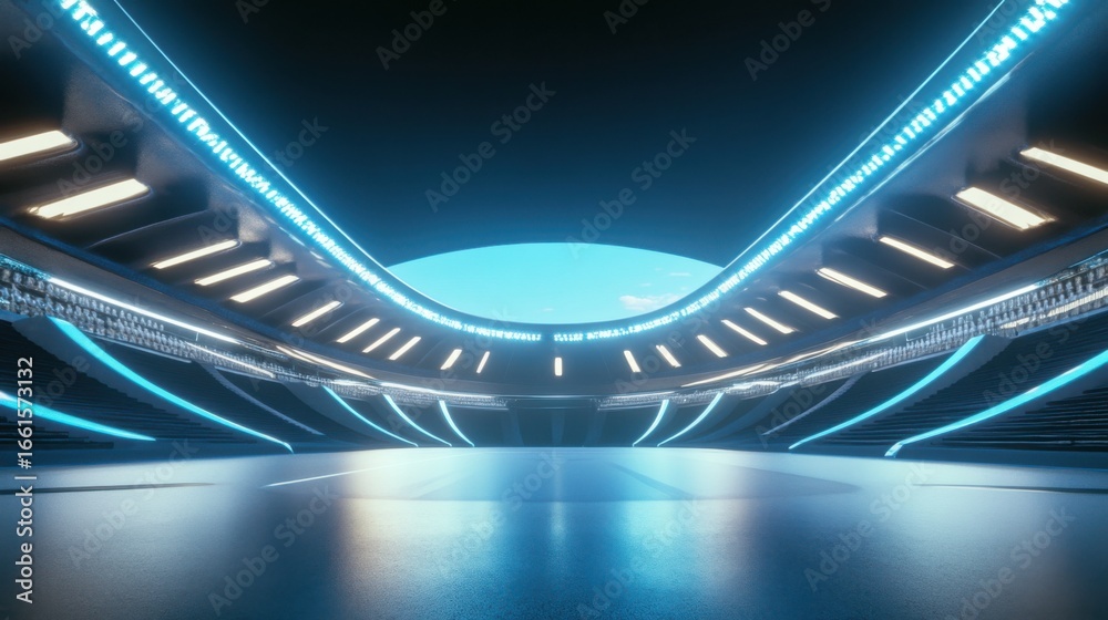 Naklejka premium Futuristic stadium arena illuminated with vibrant neon lights creating a spectacle