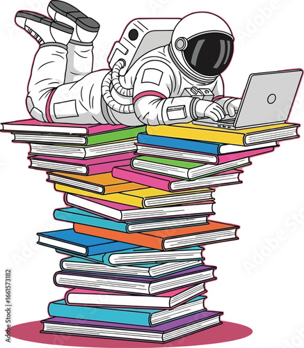 stack of books with a magnifying