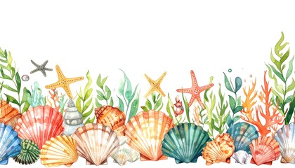 Watercolor Seashell and Seaweed Border