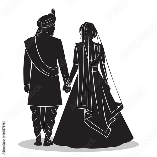 Silhouette Illustration of Indian Bride and Groom Holding Hands